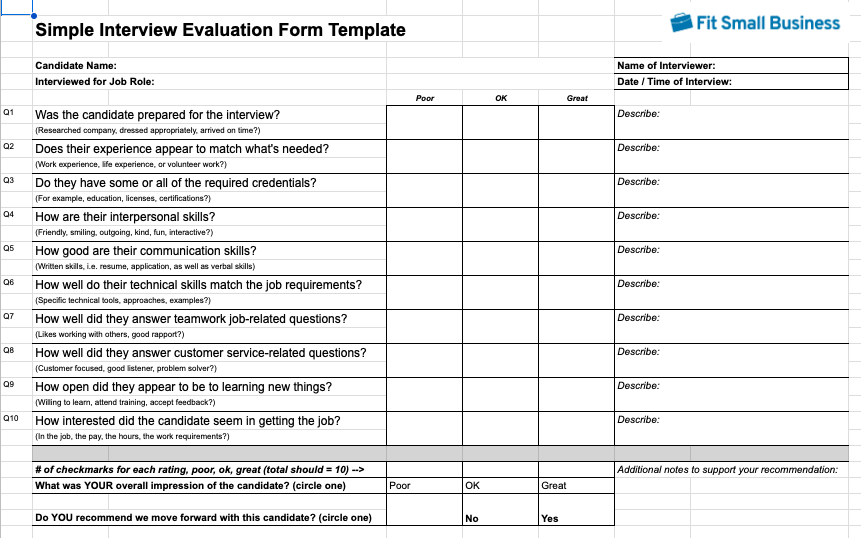 Simple Interview Evaluation Form Template